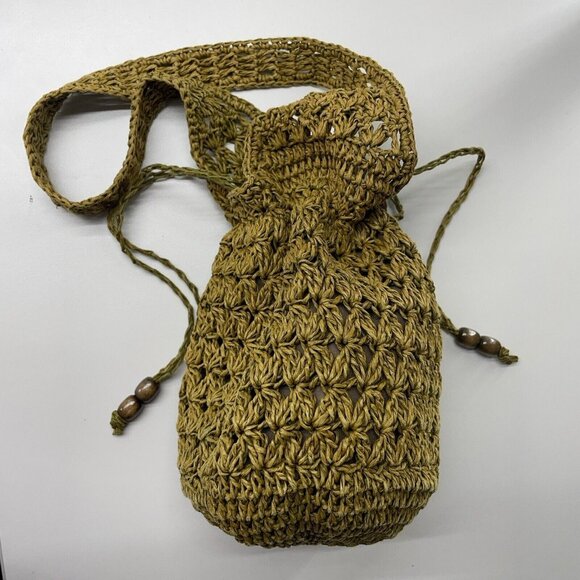 Vtg J Crew Bucket Purse Bag Brown Greenish Paper Raffia Mini Hand Y2K Drawstring - Picture 1 of 16